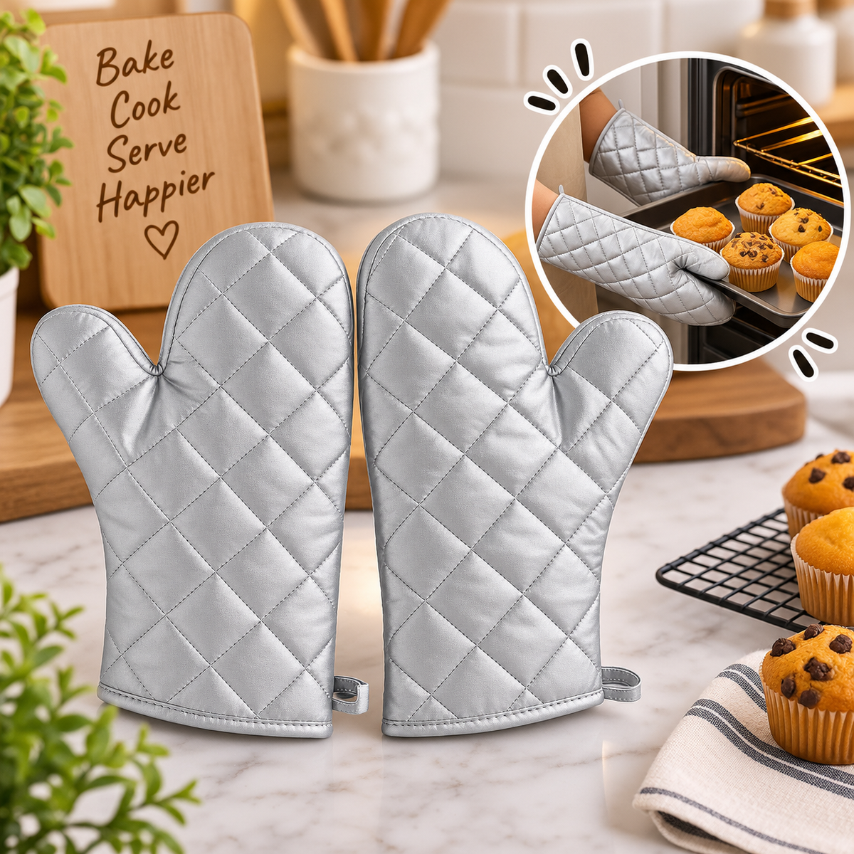 Premium Silver Heat Resistant Oven Gloves