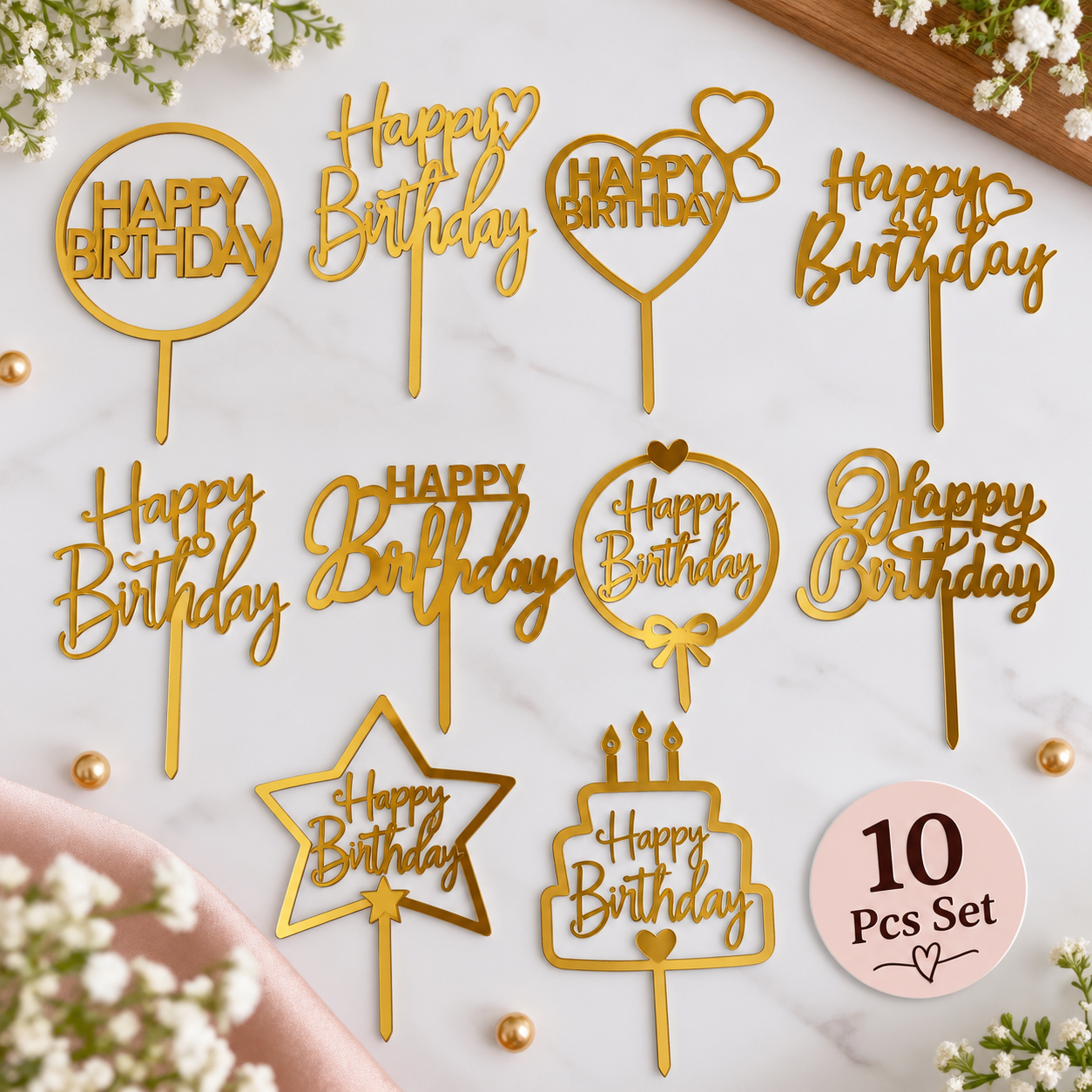 Happy Birthday Topper(Random Design)Set of 10pcs