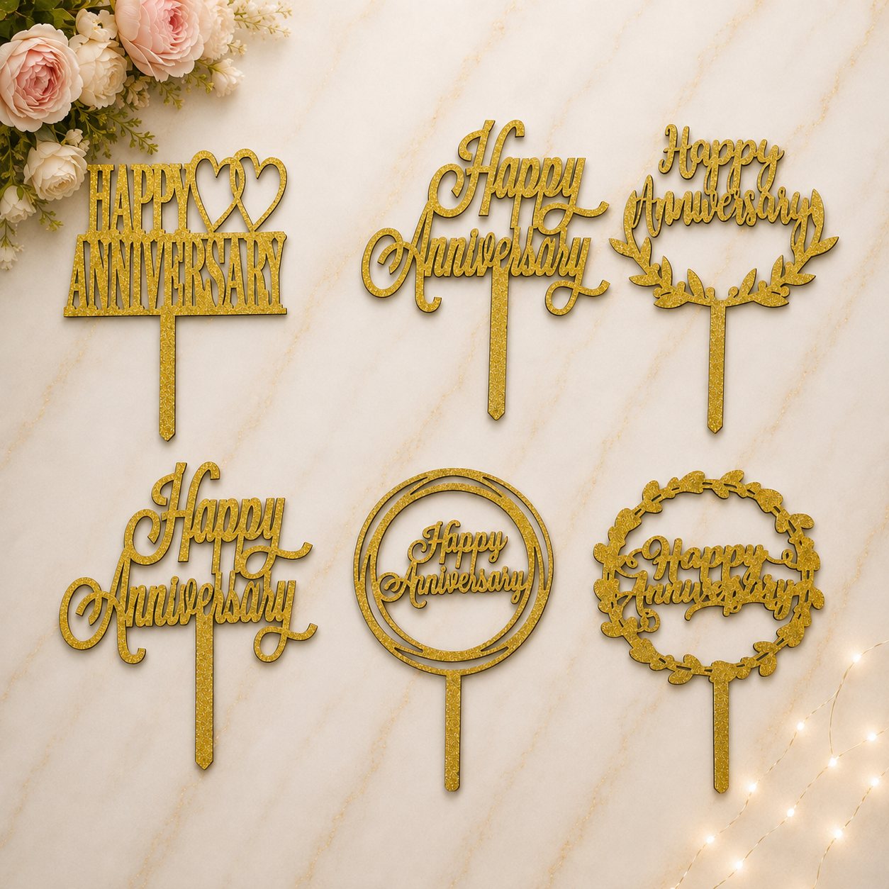 MDF Happy Anniversary Toppers(Random Design)